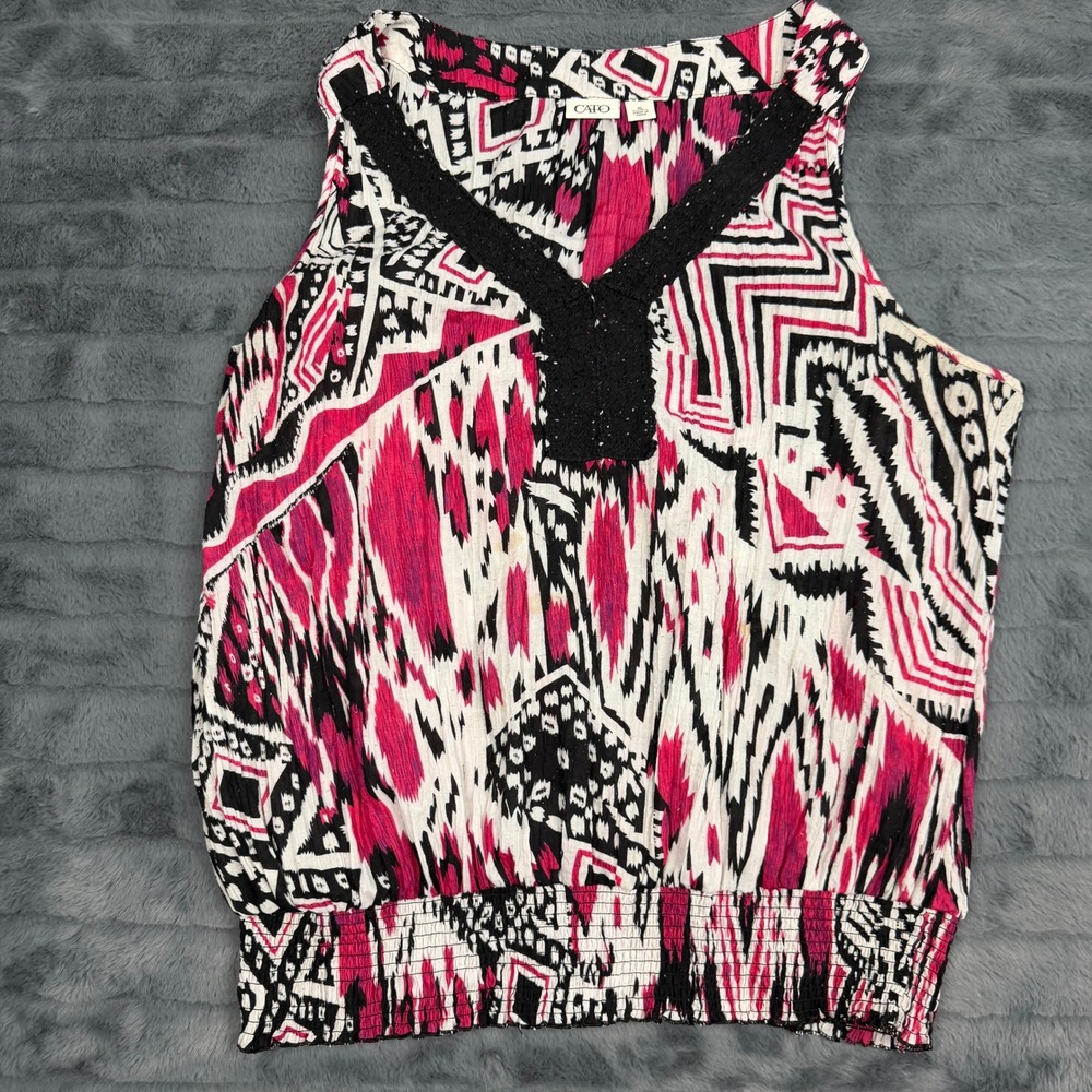 Cato Pink Black Geometric Ikat Sleeveless Blouse Smocked Hem XL